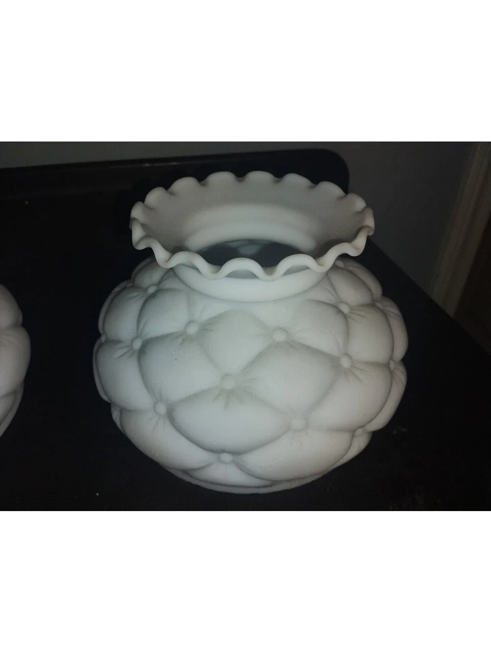 Vintage Milk Glass Lamp Shades Pair Quilted Diamond Pattern Ruffled Edge 2pc